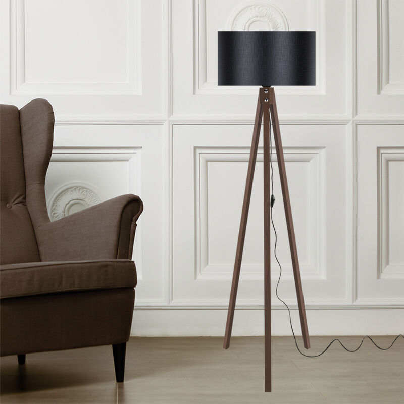 foto del prodotto lampada da terra rochester a treppiedi con paralume in tessuto pvc color noce nero lux.pro 