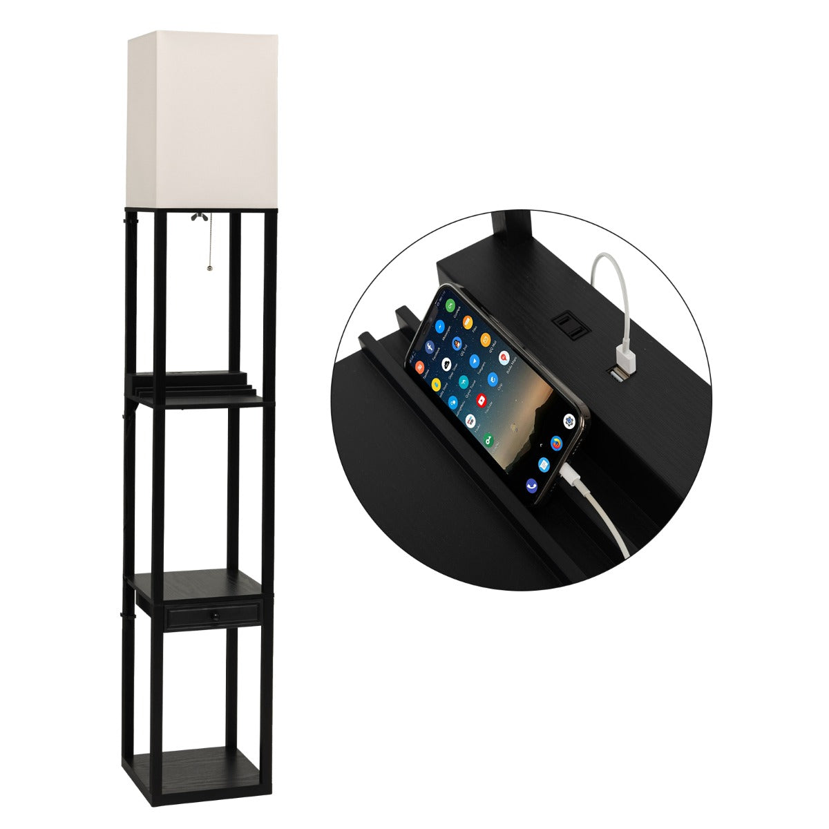 foto del prodotto lampada da terra soggiorno con lampadina led 5000k luminosit a 3 livelli 1 cassetto e 1 porta usb 3 ripiani 25 x 25 x 159,5 cm 20 0009760