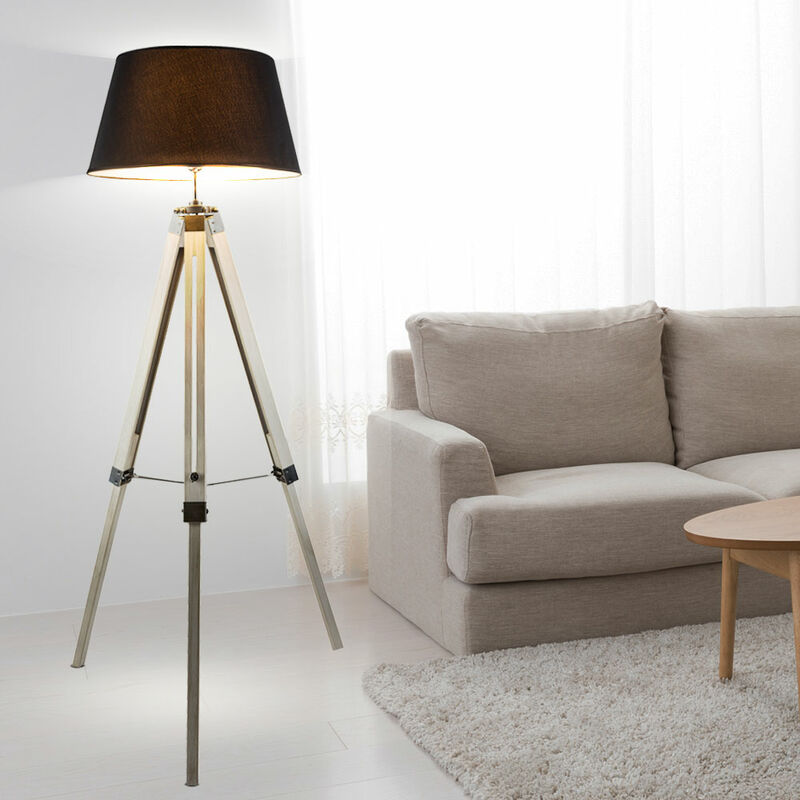foto del prodotto lampada da terra soggiorno grigio lampada da terra in metallo lampada da terra treppiede legno, paralume in tessuto, 1x attacco e27, dxh 65x145 cm