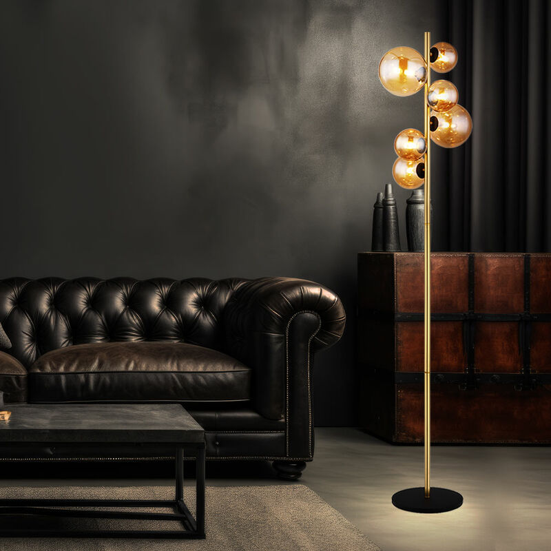 foto del prodotto lampada da terra soggiorno ottone lampada da terra industriale sfera lampada da lettura a led ambra lampada da terra, metallo vetro, 6x led 3.5w