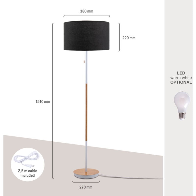 foto del prodotto lampada da terra soggiorno scandi paralume tessuto cavo tessuto interruttore e27 nero 38 cm , lampada da terra bianco legno paco home