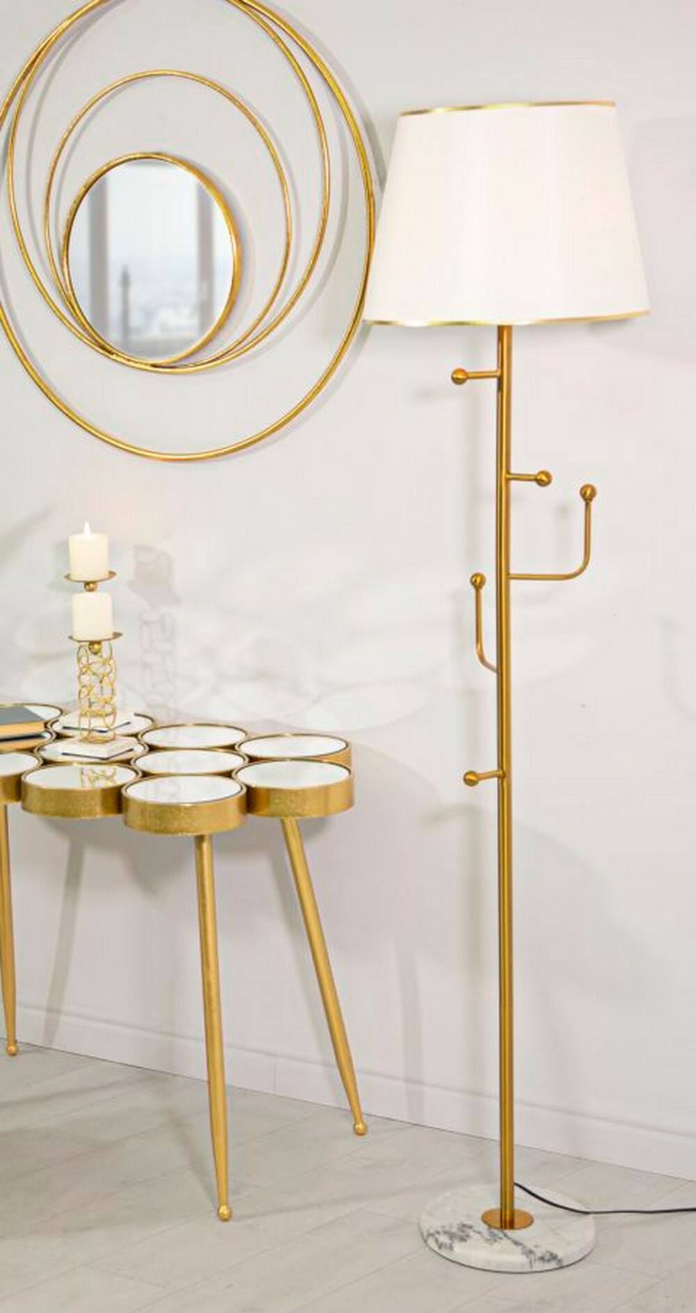 foto del prodotto lampada da terra tano, luce da terra, lampada da pavimento, lampada a stelo, 41x41 h173 cm, bianco e oro