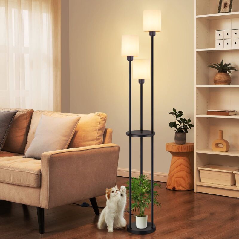 foto del prodotto lampada da terra vintage con ripiano e27, lampada da terra per camera da letto, lampada da mensola retr , paralume in tessuto bianco a 3 lampadine,