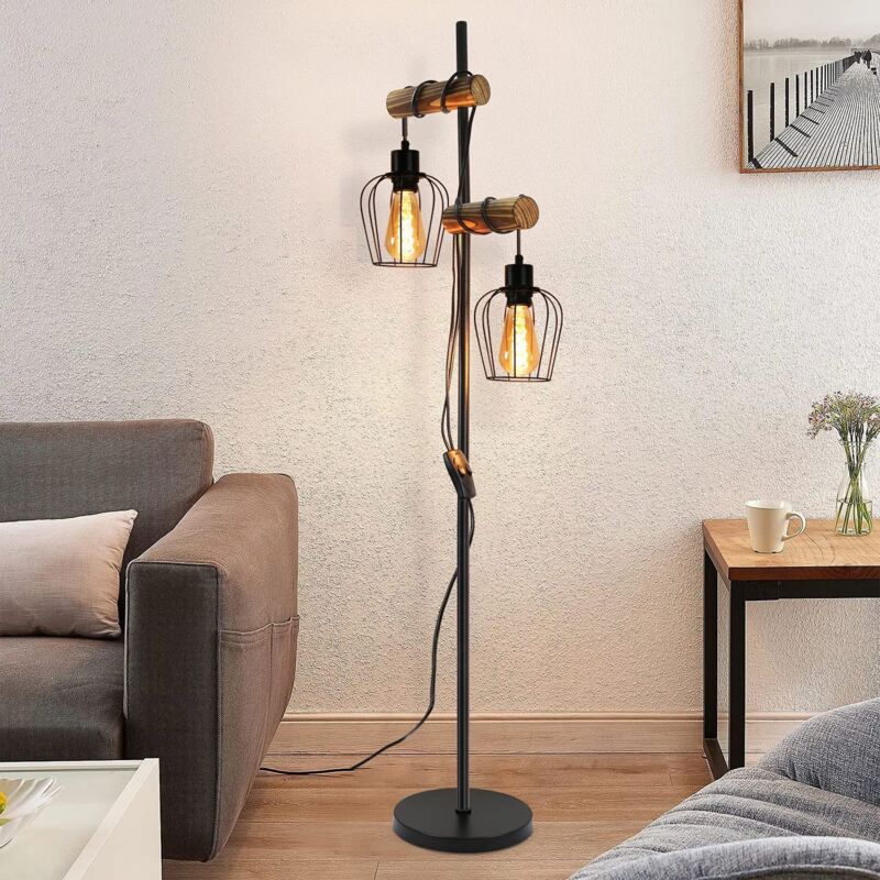 foto del prodotto lampada da terra vintage per soggiorno , in legno con 2 fiamme dal design industriale in metallo e legno con interruttore nero attacco e27