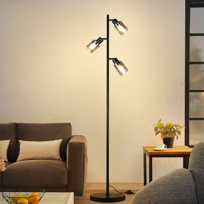 foto del prodotto lampada da terra vintage per soggiorno, nera lampada da terra industriale con 3 basi in vetro, attacco in metallo e14, rotazione di 350 , lampadina