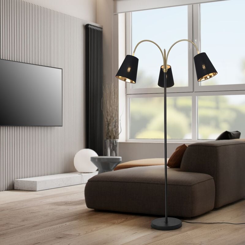 foto del prodotto lampada da terra wycombe bracci flessibili e 3 paralumi conici nero dorato lux.pro