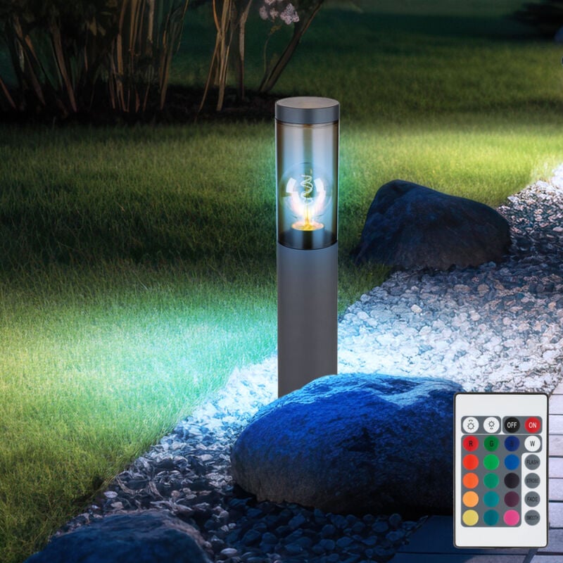 foto del prodotto lampada da vialetto dimmerabile con telecomando lampada da esterno base led lampada da terra in acciaio inox antracite, fumo, cambio colore rgb, 8,5w