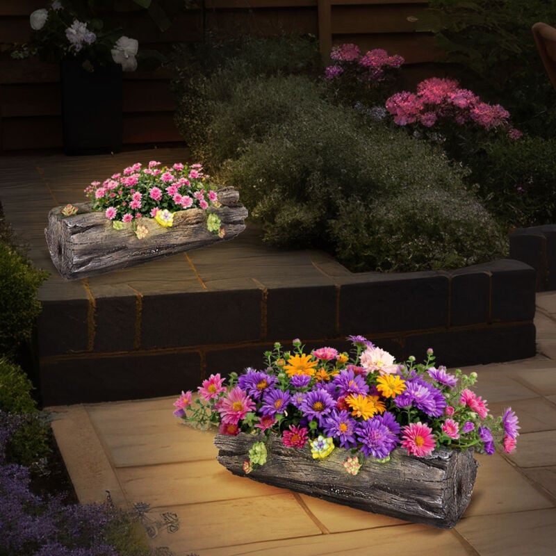 foto del prodotto lampada decorativa per fioriera solare per casa e giardino con effetto tronco d albero, grigio antico, 1x led bianco caldo, lxa 44,3x13,5 cm, set da 2