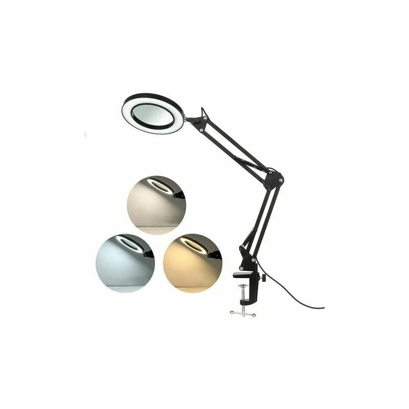 foto del prodotto lampada di ingrandimento a led con morsetto, lente di ingrandimento con luce da 8 diottrie, lampada di ingrandimento illuminata, braccio girevole a 3