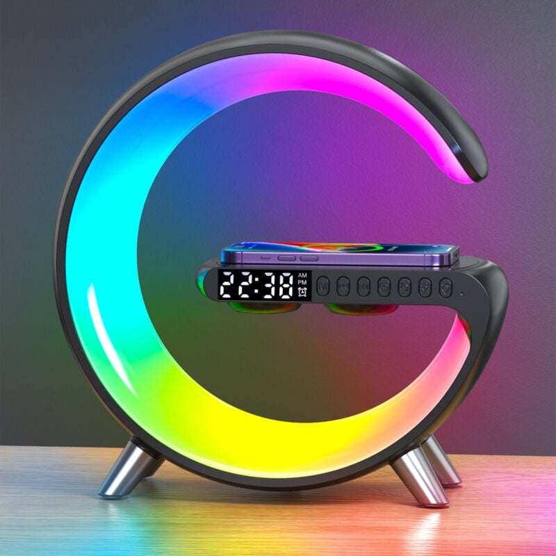 foto del prodotto lampada di ricarica wireless - lampada d'atmosfera intelligente, altoparlante bluetooth, caricabatterie wireless, luce notturna a led - lampada musicale, pulsante di allarme e controllo tramite app, a