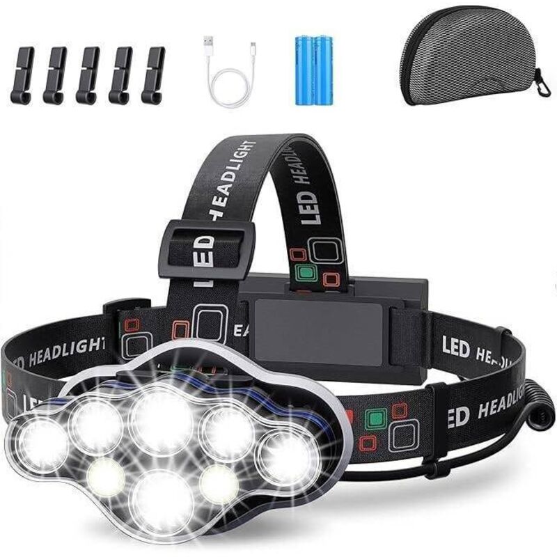 foto del prodotto lampada frontale, 18000 lumen, 8 led, 8 modalit di illuminazione, lampada frontale a led ultra potente, ricaricabile tramite usb, regolabile a 90 ,