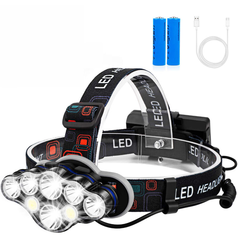 foto del prodotto lampada frontale, 18000 lumen, 8 led, 8 modalit , superba lampada frontale a led ricaricabile usb regolabile a 90 , impermeabile e leggera, adatta