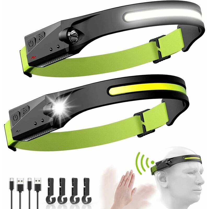 foto del prodotto lampada frontale, 2 pezzi lampada frontale a led ricaricabile tramite usb cob xpe induzione impermeabile, torcia frontale a led 5 modelli di