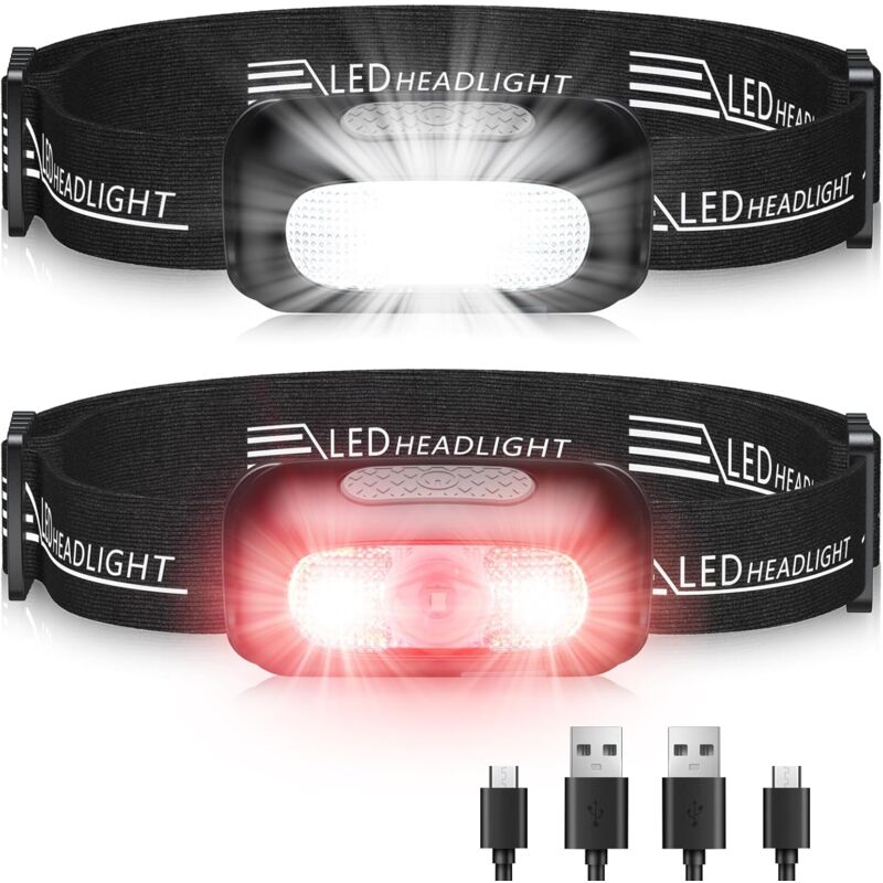 foto del prodotto lampada frontale, 2 pezzi lampada frontale a led ricaricabile ultra potente con 4 modalit , luce bianca e rossa e impermeabile ipx4, torcia