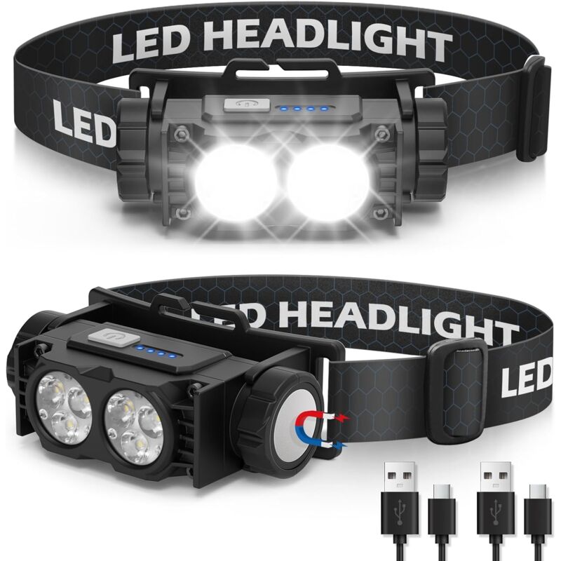 foto del prodotto lampada frontale 2 pezzi, lampada frontale a led ultra potente 2000 lumen, usb, torcia frontale 3 modalit ipx5, campeggio, ciclismo, corsa