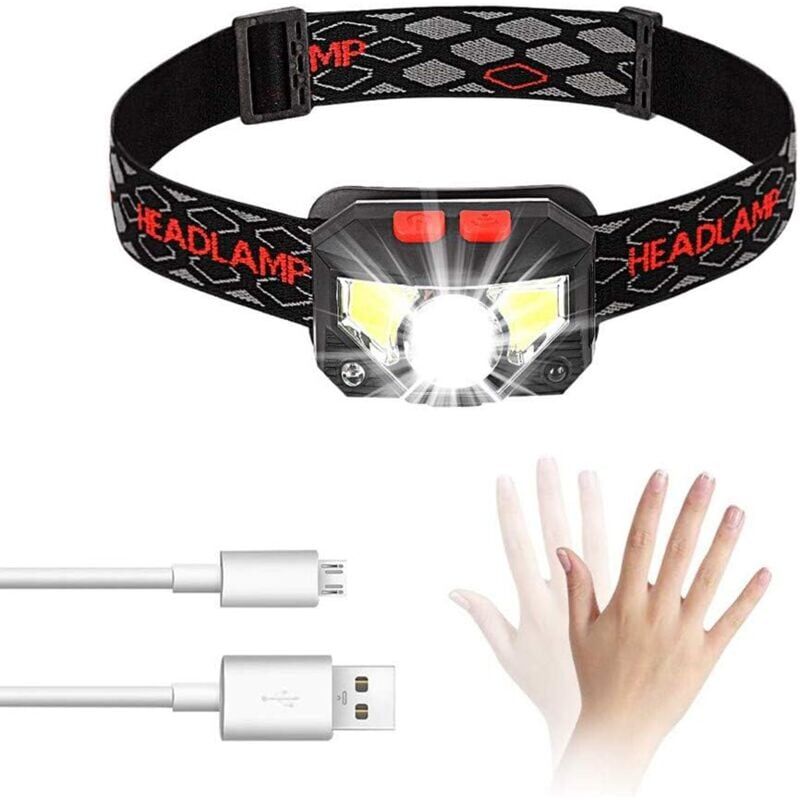 foto del prodotto lampada frontale a led, lampada frontale usb ricaricabile con sensore di movimento, 300 lm, 8 modalit di illuminazione, impermeabile ipx4, 30 ore di