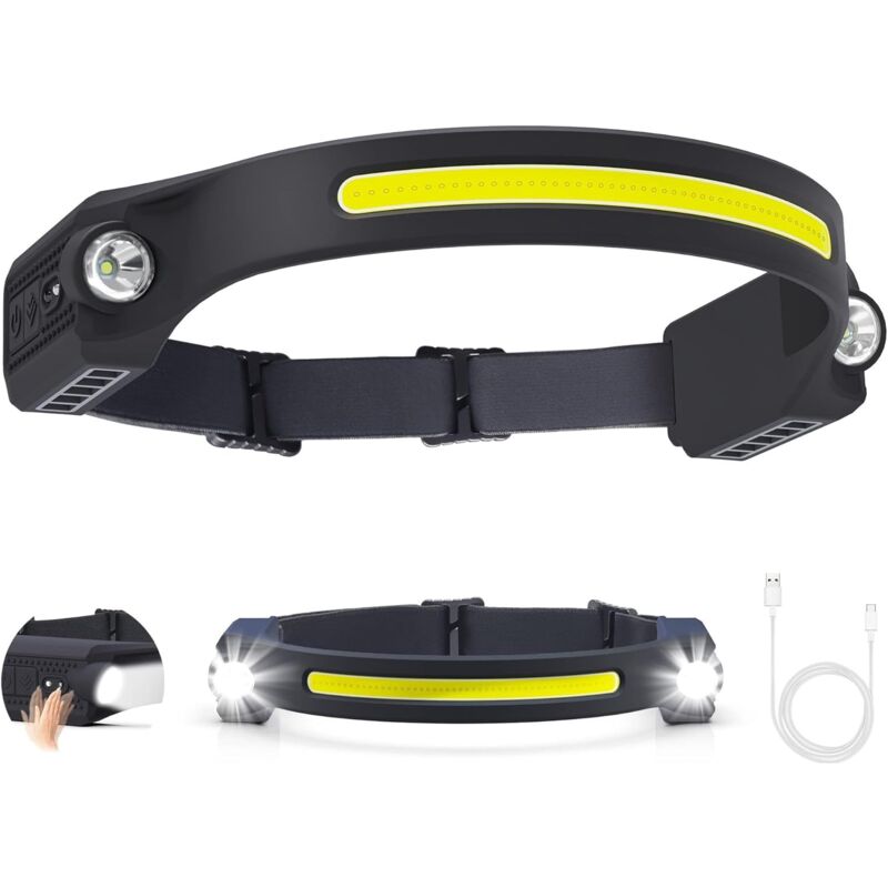 foto del prodotto lampada frontale a led ricaricabile con 6 modalit , sensore di movimento, 260 gradi, ipx4, impermeabile, usb c per pesca, campeggio, escursionismo