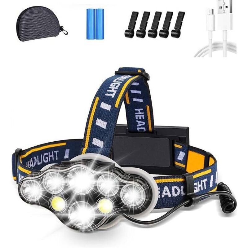 foto del prodotto lampada frontale a led ricaricabile, lampada frontale ultra potente a 8 led con 18000 lumen, torcia frontale impermeabile e leggera, perfetta per