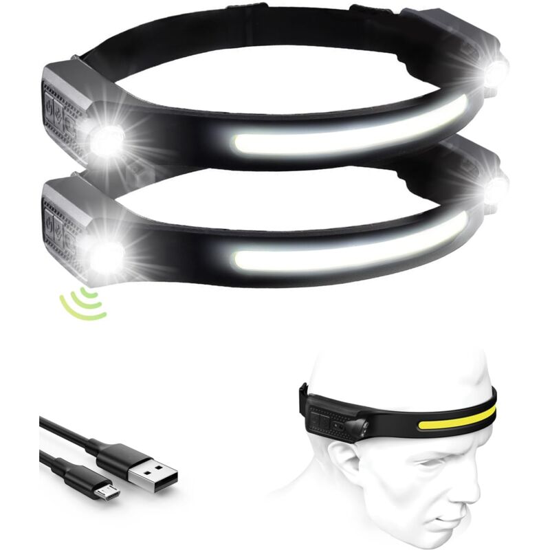 foto del prodotto lampada frontale a led ricaricabile, torcia frontale da 1200 lumen, doppia lampada frontale, durata della batteria di 12 ore, 5 modalit di