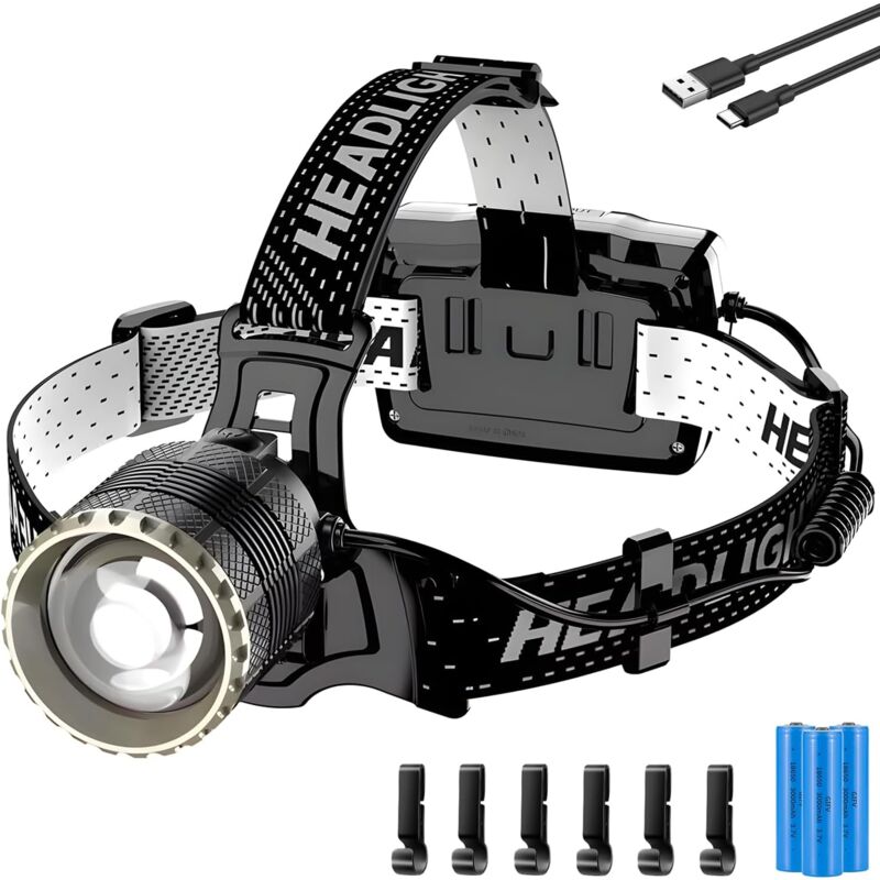 foto del prodotto lampada frontale a led ricaricabile tramite usb c, ultra potente, 90000 lumen, 4 modalit , con sensore, batteria da 9000 mah, zoom ip65 impermeabile,