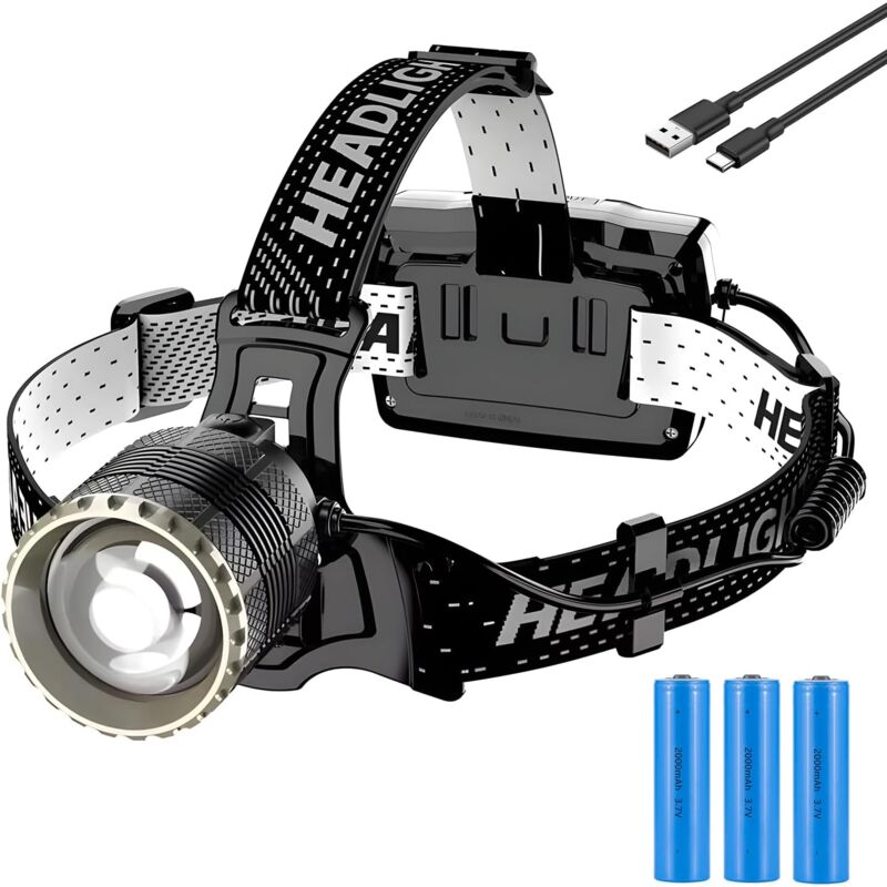 foto del prodotto lampada frontale a led ricaricabile usb c, ultra potente 90000 lumen 4 modalit lampada frontale con sensore, batteria da 6000 mah, zoom, ip65