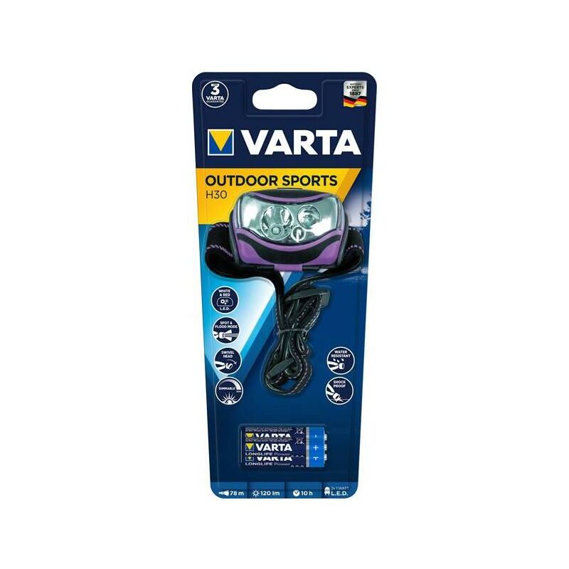 foto del prodotto lampada frontale a led sport 1w 100lm varta 3xaaa