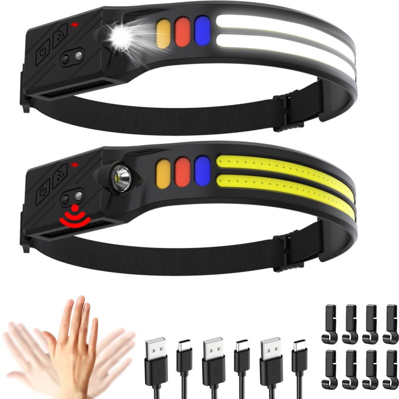 foto del prodotto lampada frontale a led ultra potente, 2000 lumen, illuminazione a 230 , ricaricabile tramite usb, sensore di movimento, impermeabile ipx5, leggera da