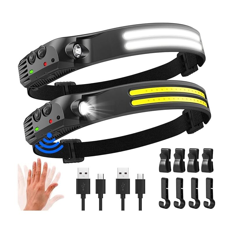 foto del prodotto lampada frontale a led ultra potente, 2000 lumen, illuminazione a 230 , torcia frontale ricaricabile tramite usb, sensore di movimento, impermeabile