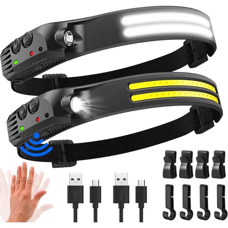 foto del prodotto lampada frontale a led ultra potente da 2 pezzi, 2000 lumen, illuminazione a 230 , ricaricabile tramite usb, sensore di movimento, impermeabile ipx5,
