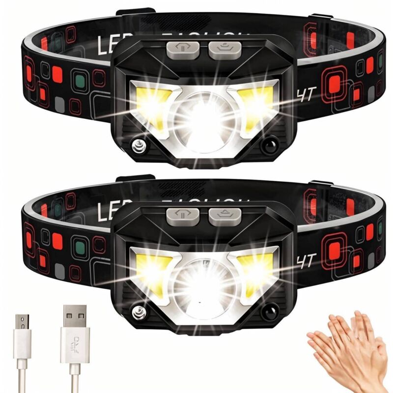 foto del prodotto lampada frontale, confezione da 2 lampade frontali a led ultra potenti ricaricabili tramite usb, sensore di movimento da 2000 lumen, 9 modalit ,