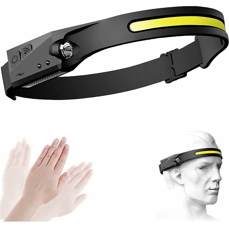 foto del prodotto lampada frontale, fari a led ricaricabili tramite usb cob 230 con fascio luminoso con sensore di movimento, lampada frontale impermeabile, leggera e