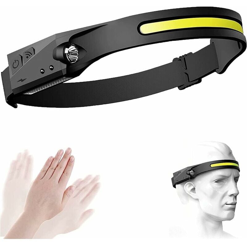 foto del prodotto lampada frontale, fari a led ricaricabili tramite usb cob 230 con fascio luminoso con sensore di movimento, lampada frontale impermeabile, leggera e