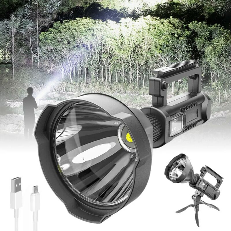 foto del prodotto lampada frontale led ricaricabile da 90.000 lumen, faretto con treppiede e uscita usb