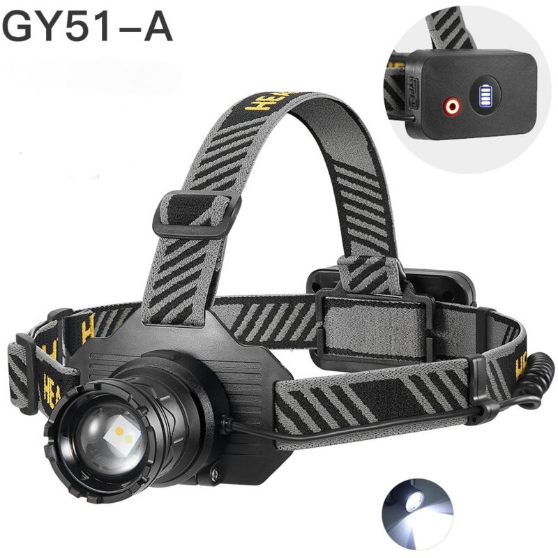 foto del prodotto lampada frontale ricaricabile 2025 zoom variabile, impermeabile ipx7, controllo touch ideale per corsa, pesca, campeggio, passeggiate con il cane