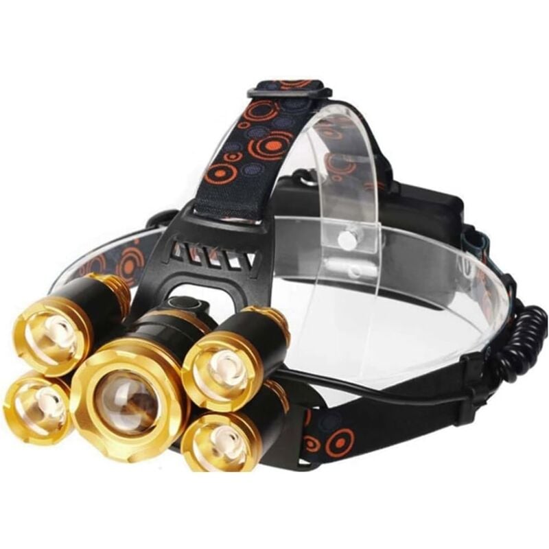 foto del prodotto lampada frontale ricaricabile, lampada frontale a led super luminosa, 5 x lampada a led t6, perlina impermeabile, lampada frontale a led con zoom,