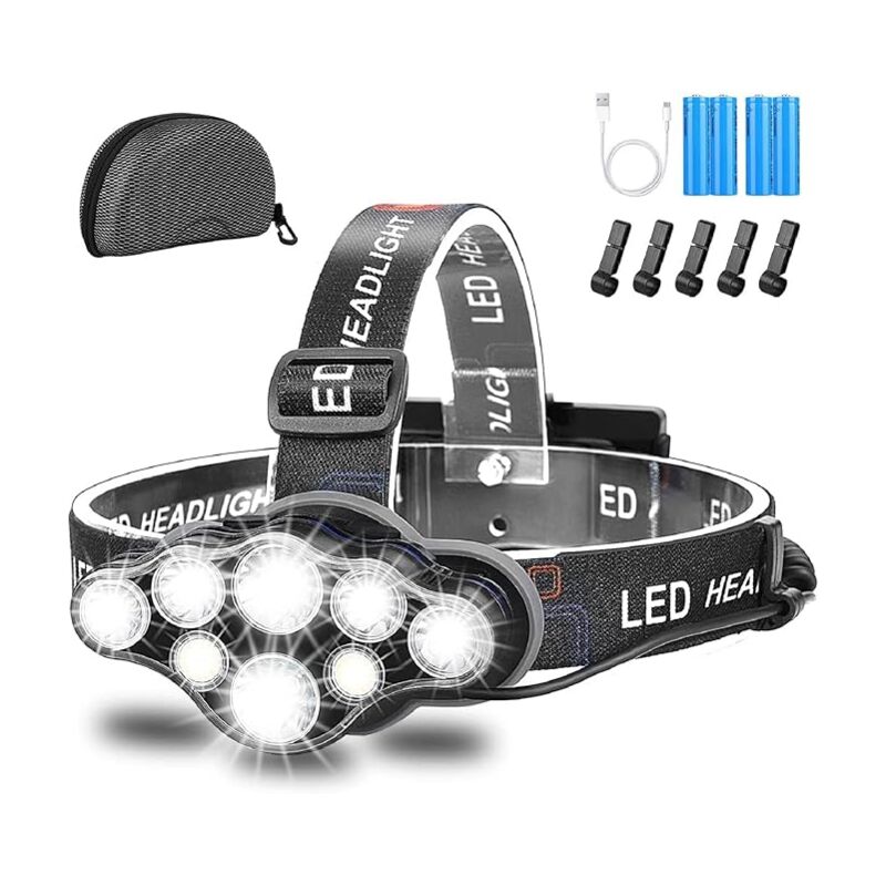 foto del prodotto lampada frontale ricaricabile tramite usb 18000lm 8 led 8 modalit 90 regolabile impermeabile leggera pesca, campeggio, lettura,