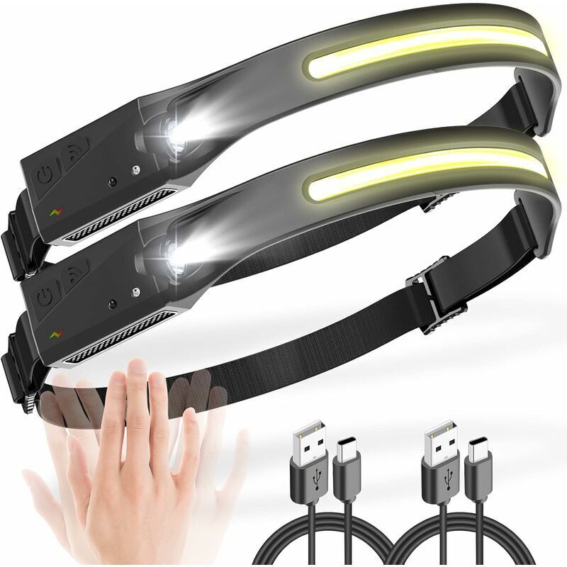 foto del prodotto lampada frontale ricaricabile usb, 2 pezzi lampada frontale led ultra potente con 5 modalit di illuminazione sensore di movimento lampada frontale
