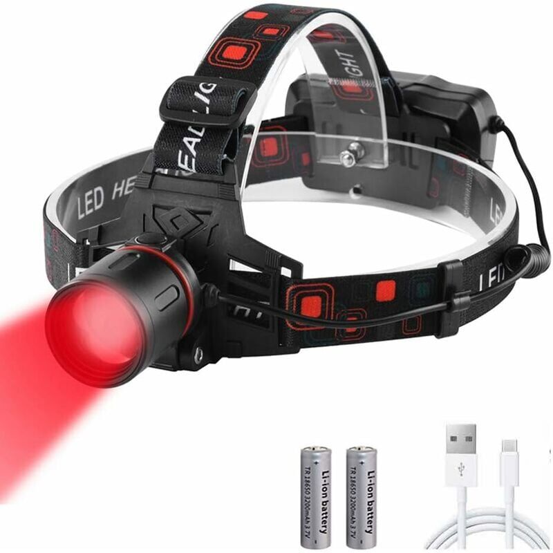 foto del prodotto lampada frontale rotante rossa, lampade frontali da caccia a led rosse lampada frontale ricaricabile con filtro rosso zoomabile per caccia,