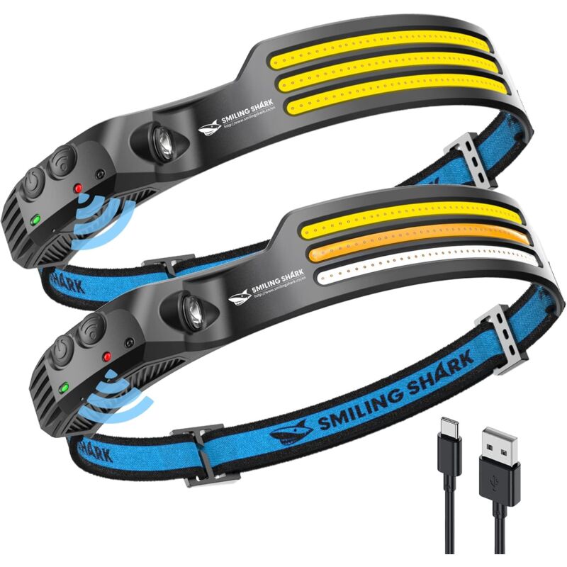 foto del prodotto lampada frontale smiling shark, confezione da 2 230 grandangolo 3 x striscia led multicolor sensore di movimento impermeabile ricaricabile per