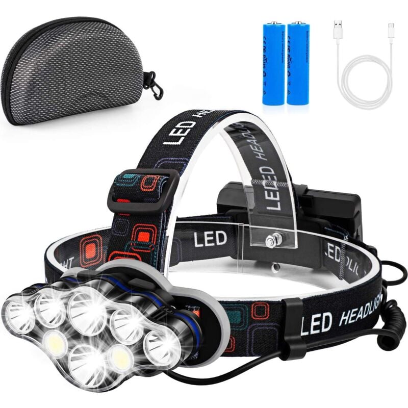 foto del prodotto lampada frontale, super luminosa 8 led 13000 lumen, ricaricabile tramite usb, impermeabile e regolabile per campeggio, pesca, grotta, jogging ed