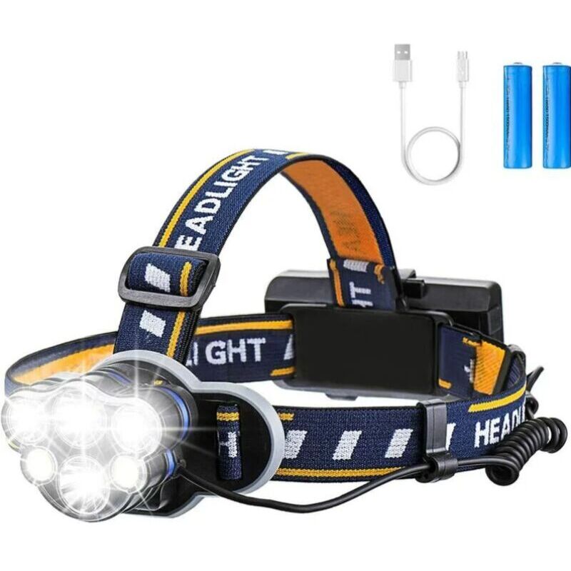 foto del prodotto lampada frontale super luminosa, torcia a led ricaricabile, lampada frontale a led con 6 led 12000lm 8 modalit di illuminazione con cavo usb