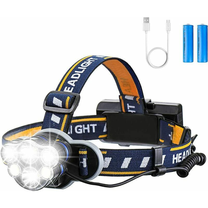 foto del prodotto lampada frontale super luminosa, torcia led ricaricabile con 6 led, 12000 lm, 8 modalit di illuminazione con cavo usb