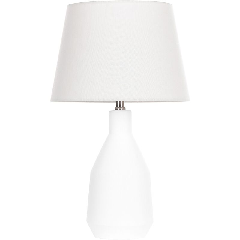 foto del prodotto lampada in ceramica bianca con base in terracotta e paralume in tessuto di lino lambrette
