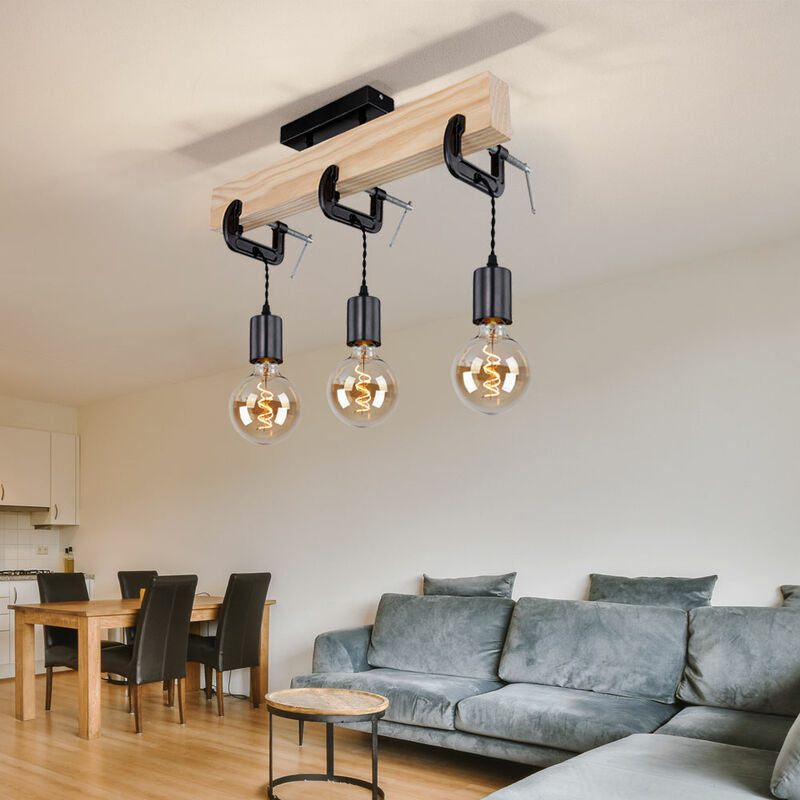 foto del prodotto lampada in legno plafoniera 3 fiamme sala da pranzo lampada soggiorno, legno metallo colore naturale nero, 3x prese e27, hxlxl 39x60x14 cm