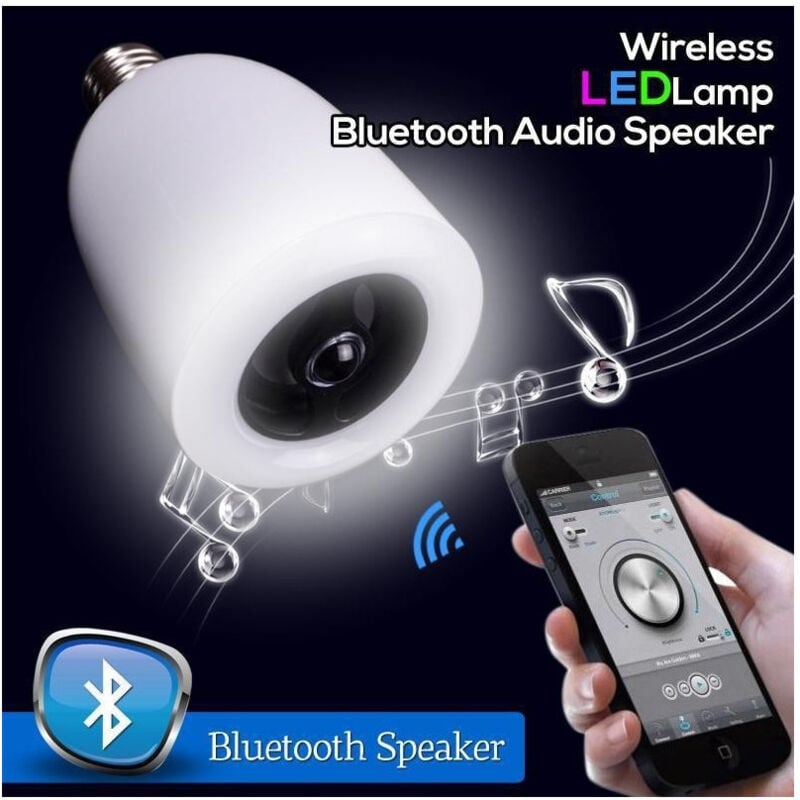 foto del prodotto lampada lampadina led e27 con cassa speaker bluetooth e telecomando trade shop traesio