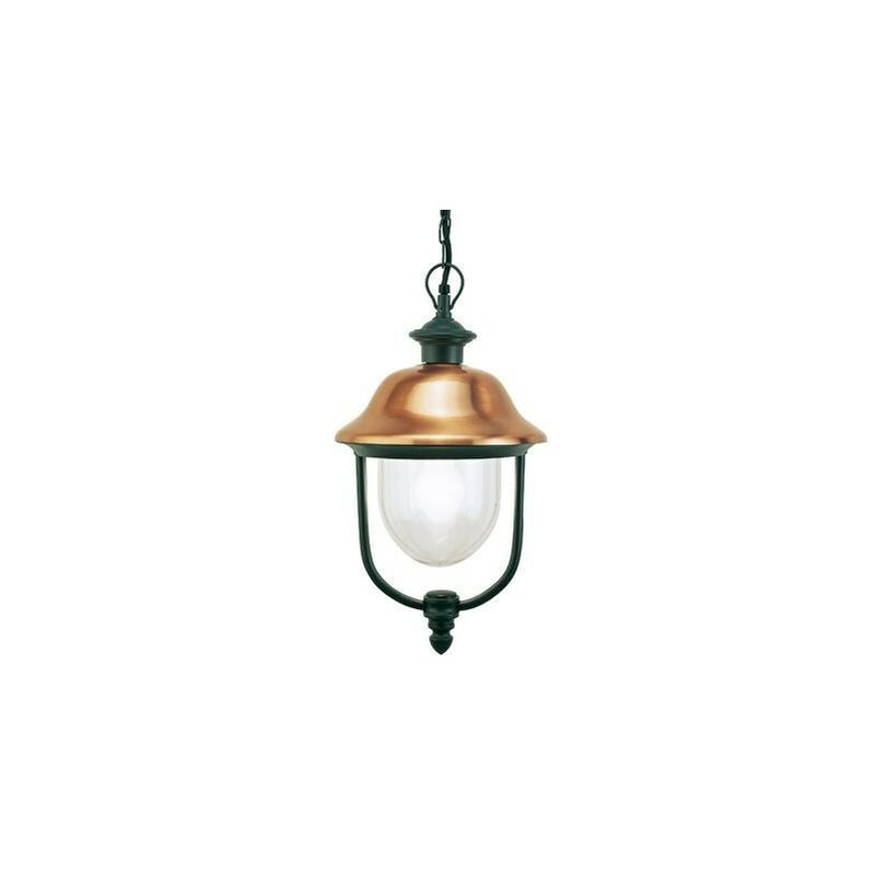 foto del prodotto lampada lanterna sospesa color grigio e rame da esterno linea rustica sovil