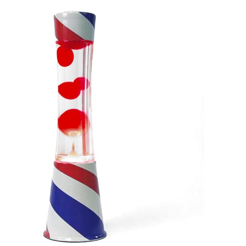 foto del prodotto lampada lava barber shop. base barber, liquido trasparente e lava rossa. lampada ad effetto rilassante. con lampadina di ricambio. 11 cm x 11cm x