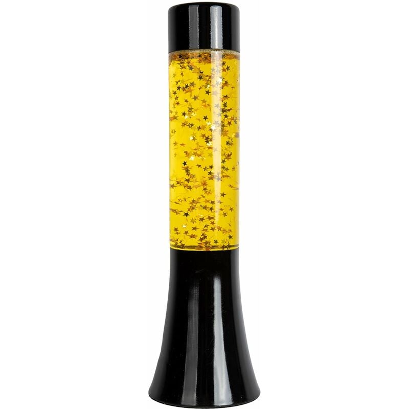 foto del prodotto lampada lava dorata. base nera, liquido trasparente e stelle dorate. lampada di lava a effetto rilassante. 9x9x30 cm fisura