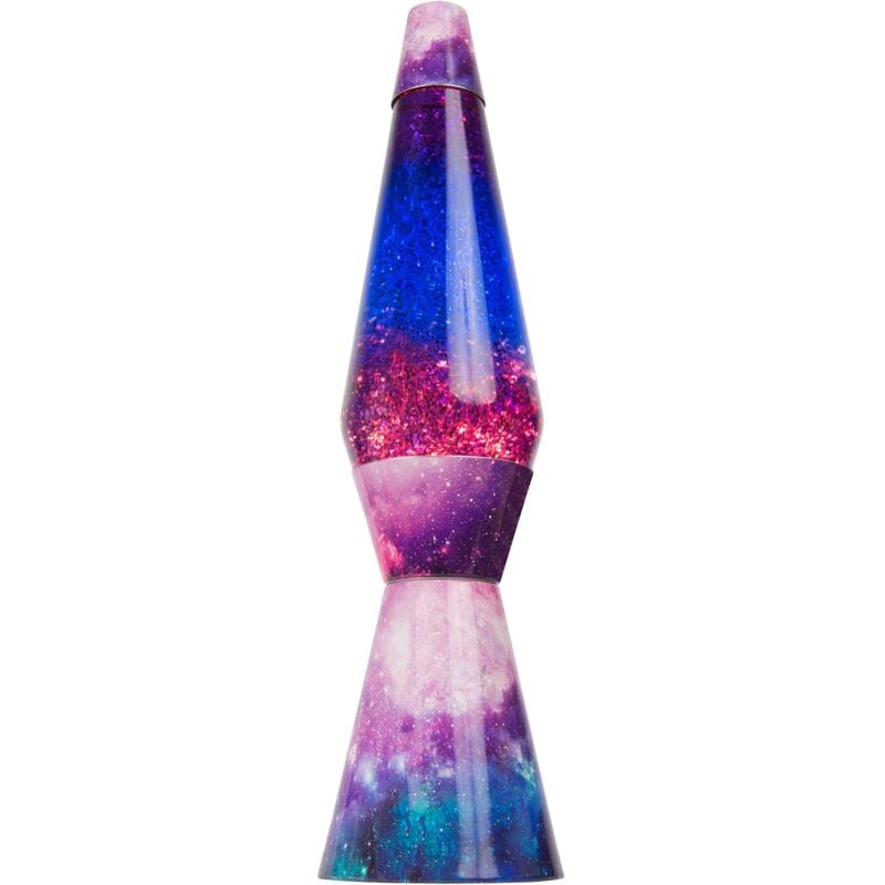 foto del prodotto lampada lava galaxy. base multicolore, liquido trasparente e glitter di lava. lampada ad effetto rilassante. con lampadina di ricambio. 11,5 cm x