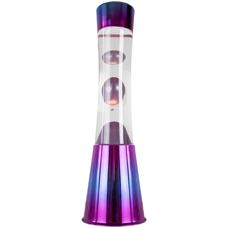 foto del prodotto lampada lava iridescente. base iridescente, liquido trasparente e lava viola metallico. lampada ad effetto rilassante. con lampadina di ricambio. 11